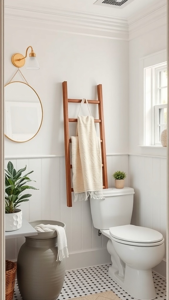A wooden ladder towel rack in a stylish bathroom with a cozy towel, a plant, and a round mirror.
