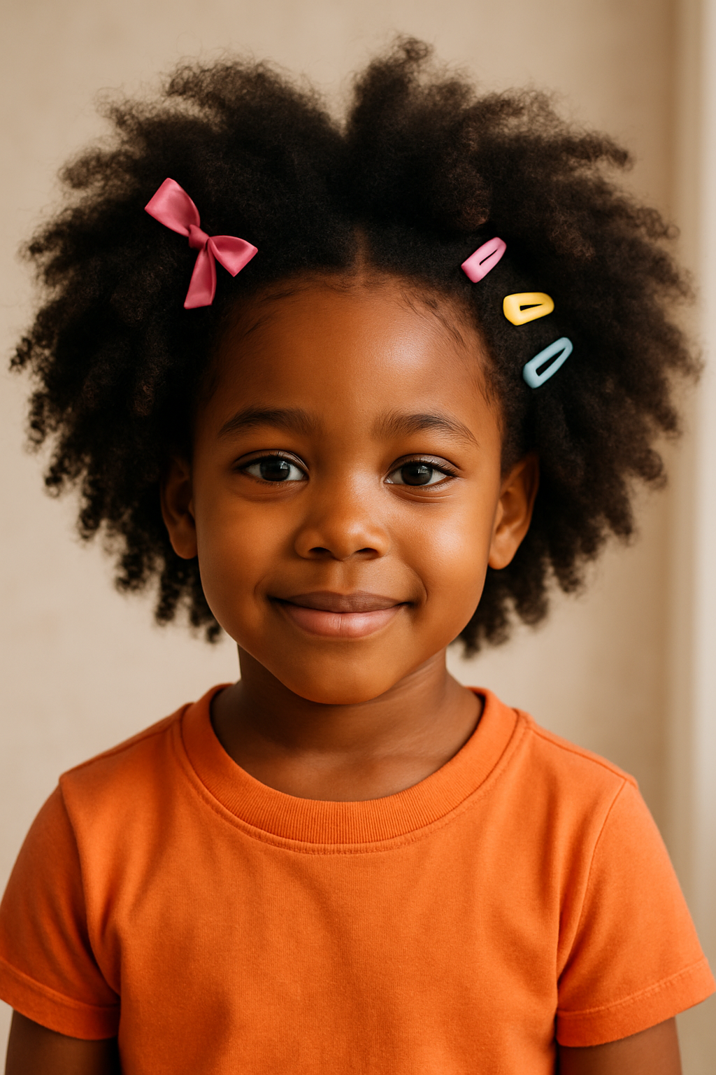 A young girl with a fluffy afro hairstyle, wearing colorful clips and an orange shirt, smiling at the camera.