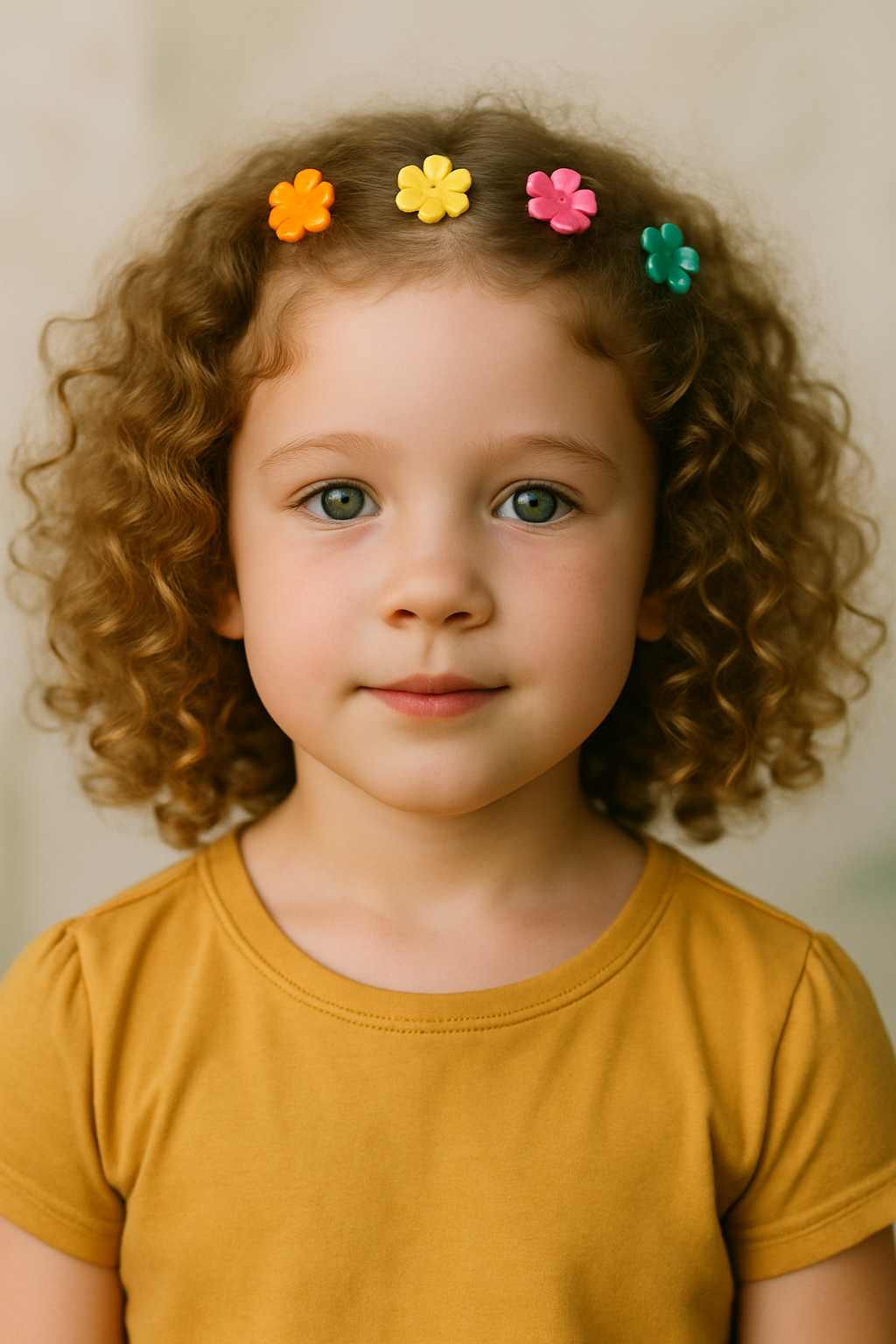 A young girl with curly hair wearing colorful flower clips.