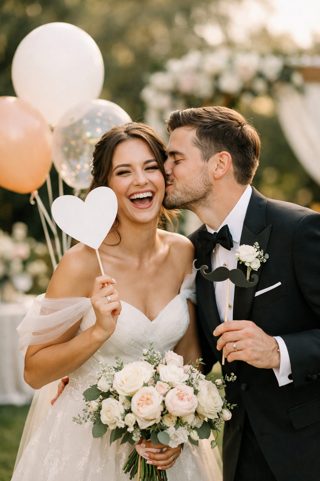 A happy couple at their engagement photo shoot, holding fun props like a heart sign and a mustache on a stick.