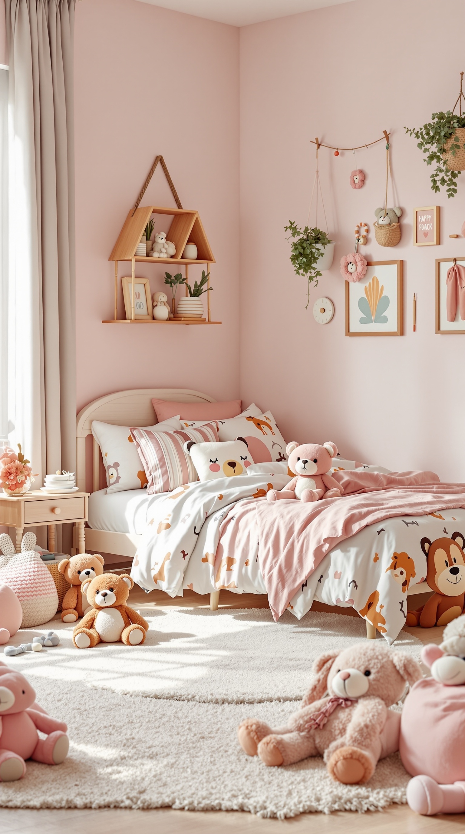 A cozy toddler bedroom featuring animal-themed bedding with soft colors and plush toys.