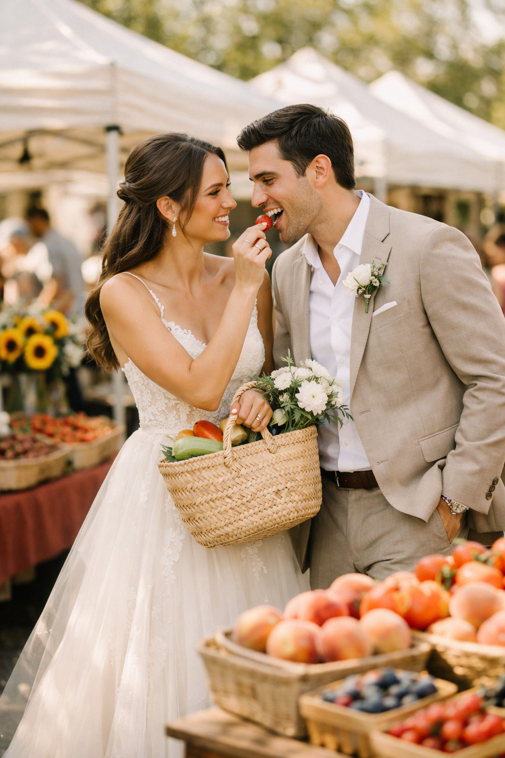 A couple in a farmers market sharing a strawberry, with a basket of fresh produce.
