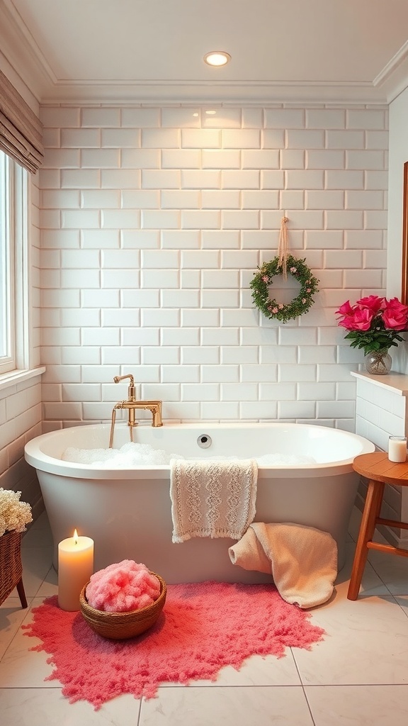 A cozy bathroom featuring a large bathtub, pink rug, fresh flowers, and soft lighting.