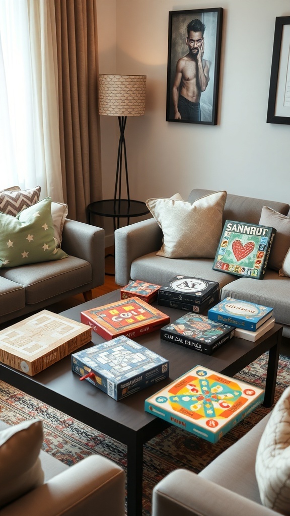 A cozy living room with various board games on a coffee table, promoting fun for couples.