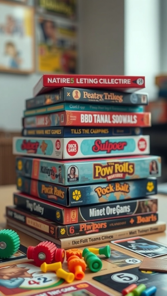 A stacked collection of colorful board games on a table, surrounded by game tokens.