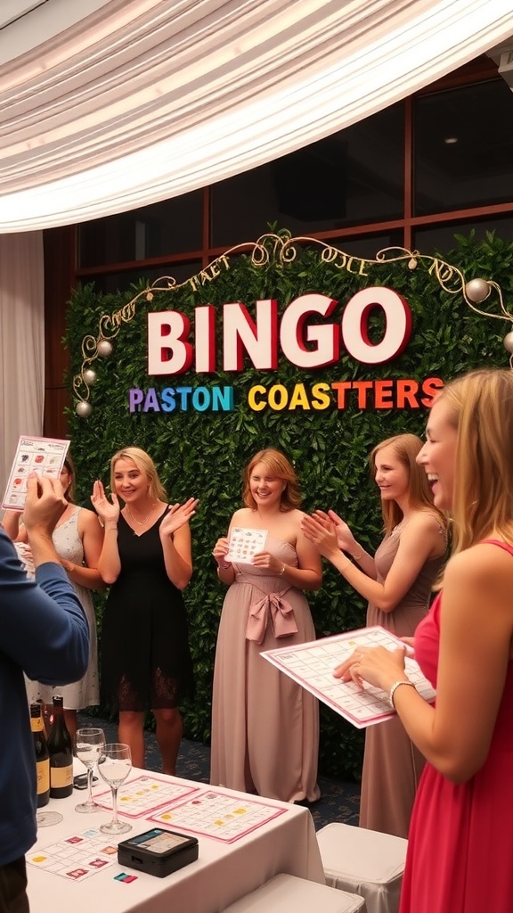 Group of women playing bridal bingo with a vibrant backdrop
