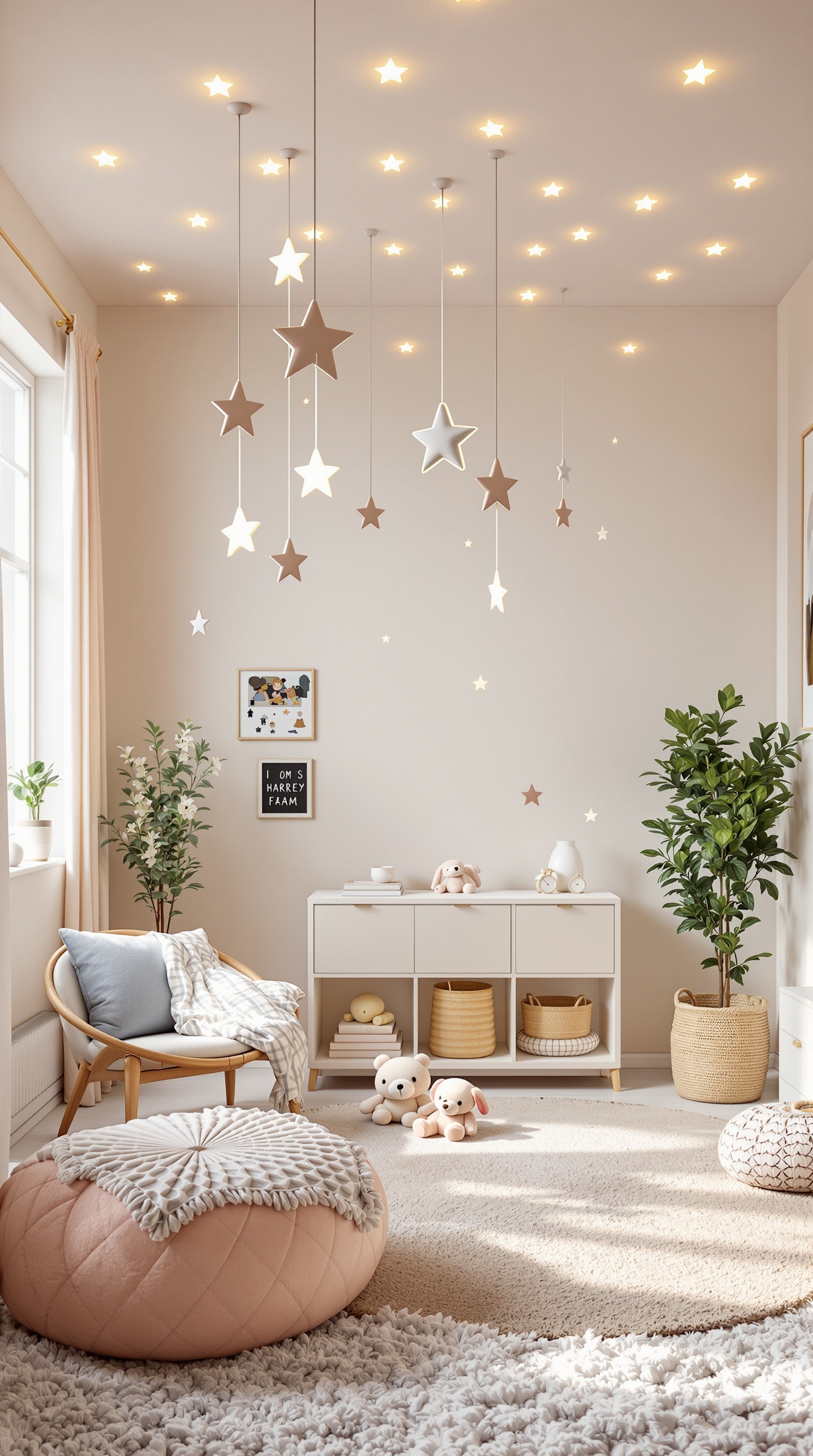 A toddler bedroom featuring star-shaped ceiling lights, a cozy seating area, and soft furnishings.
