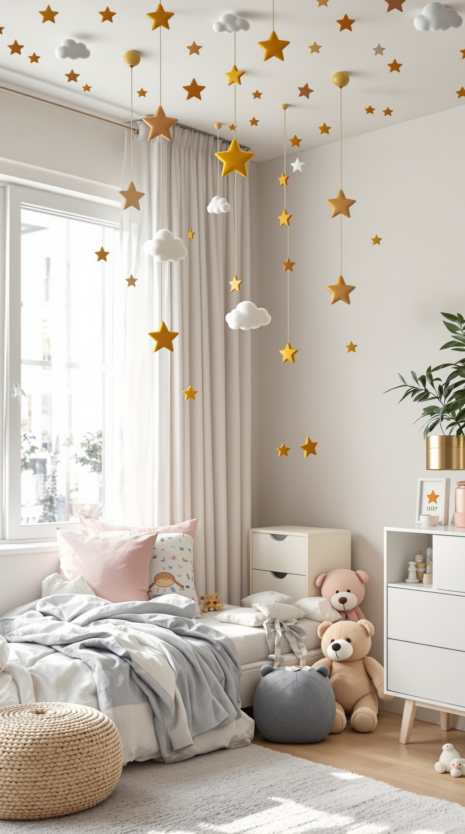 A toddler's room with hanging stars and clouds from the ceiling, creating a whimsical atmosphere.