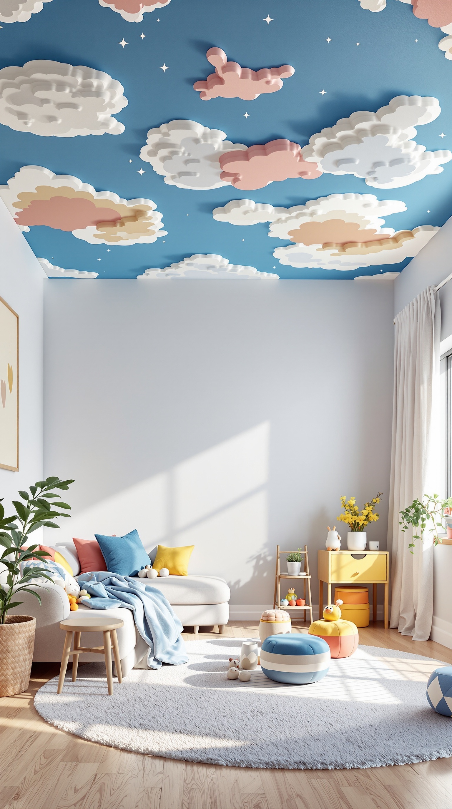 A colorful kids room with a playful ceiling design featuring clouds and a bunny.