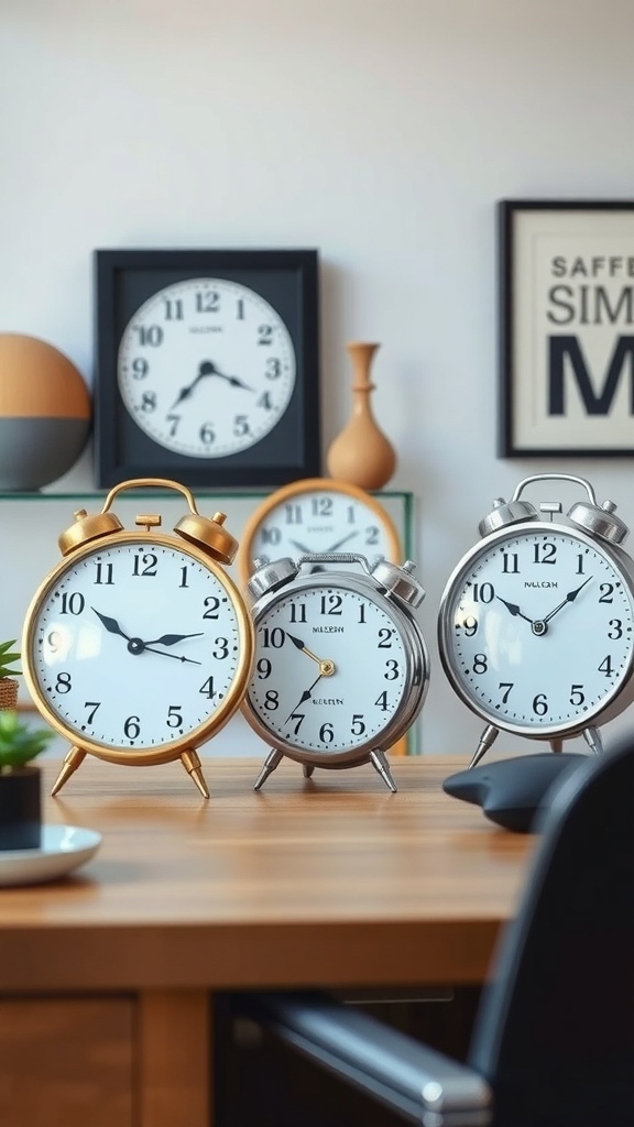 Three decorative desk clocks in gold and silver on a wooden desk.
