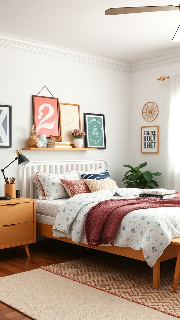 A preppy teen bedroom featuring a stylish bed with decorative pillows, a wooden nightstand, and framed art on the wall.