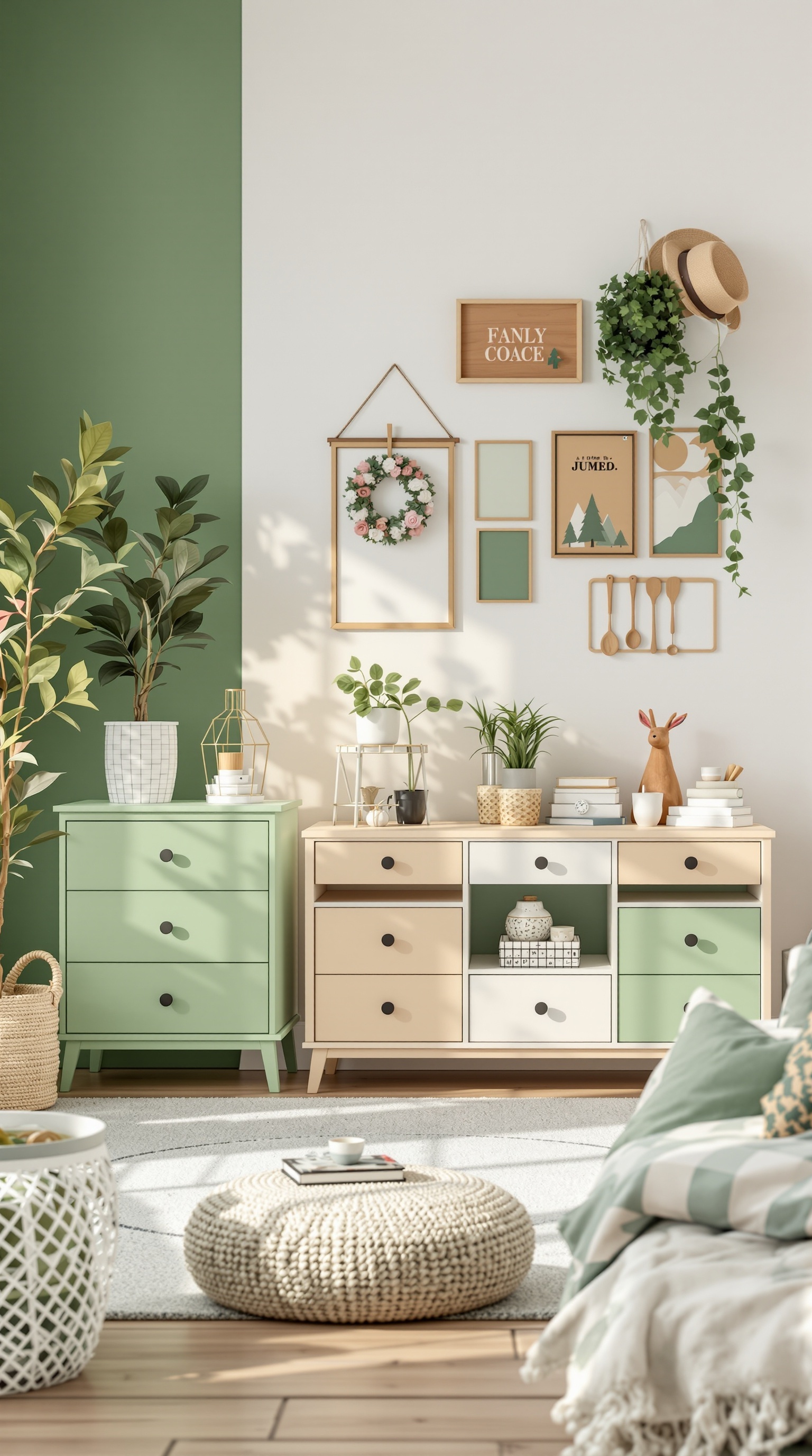 A bright green kids' room featuring colorful furniture, plants, and wall decor.