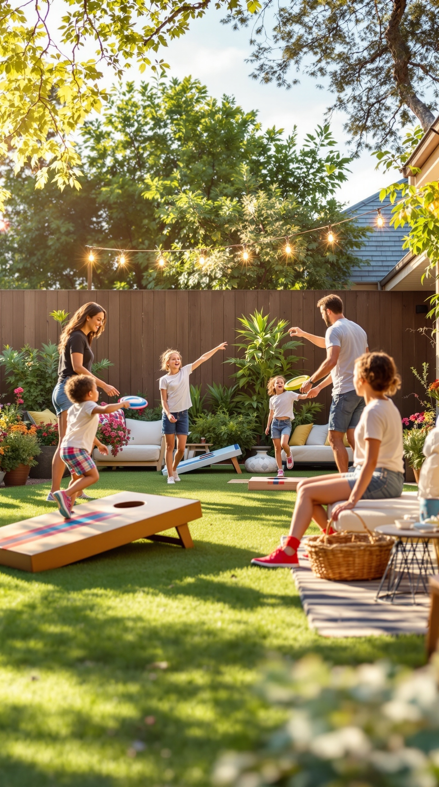 A lively family backyard scene with kids playing cornhole and frisbee, surrounded by greenery and cozy seating.