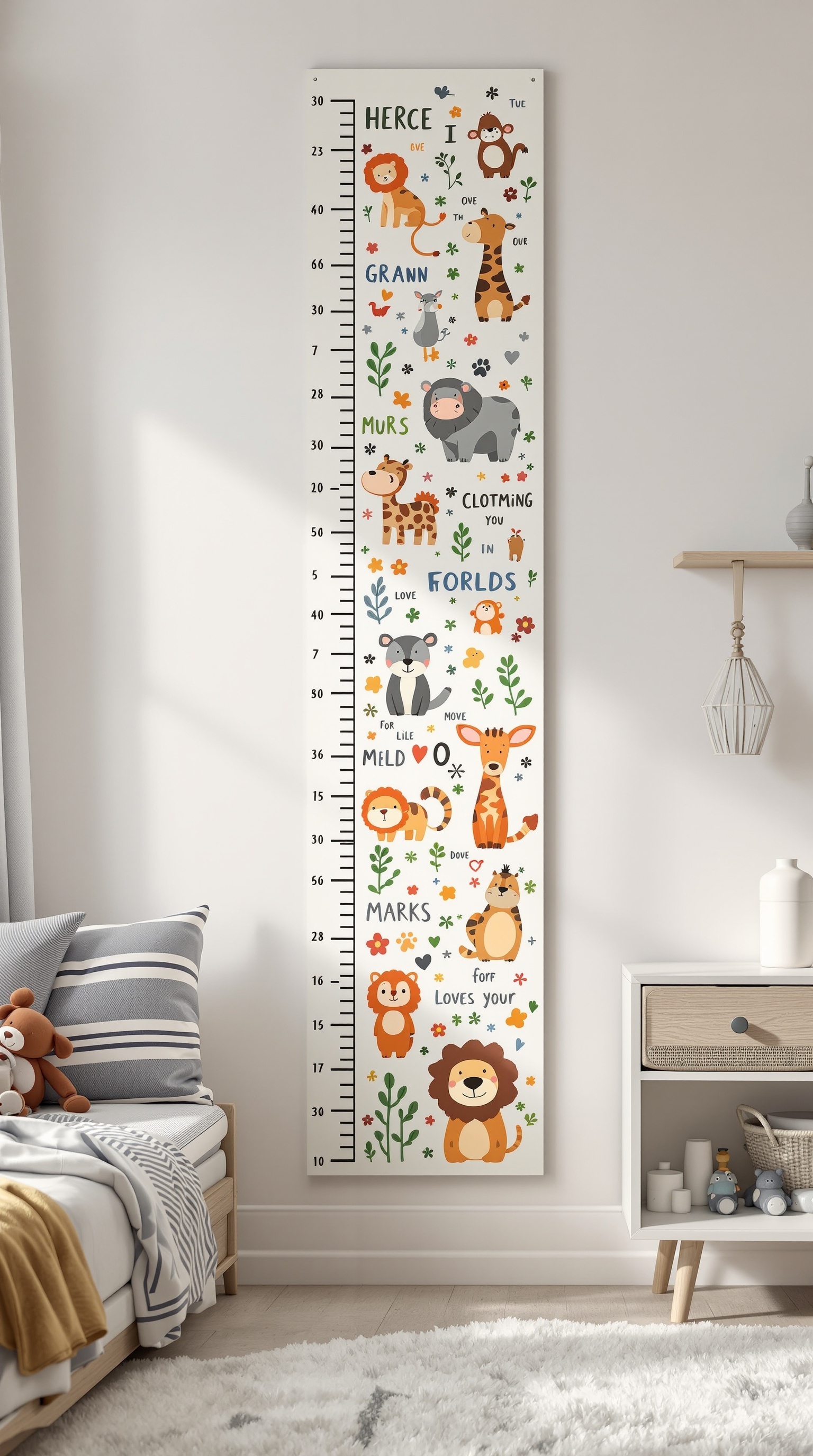 Colorful growth chart with animal illustrations in a toddler's bedroom