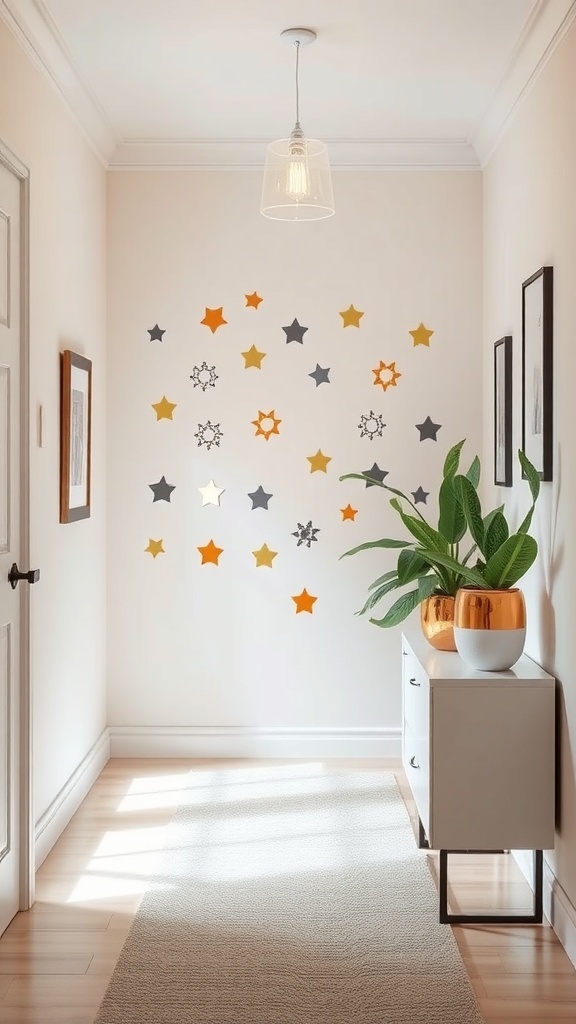 A hallway with colorful star decals on the wall and a plant on a console table.