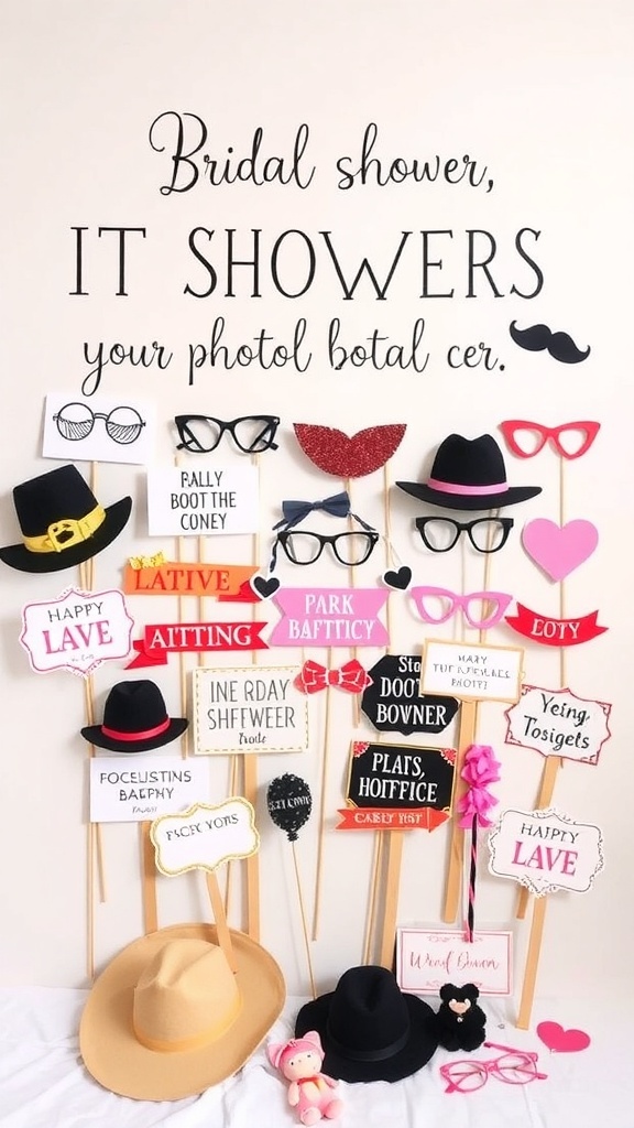 Colorful bridal shower photo booth props with signs and hats