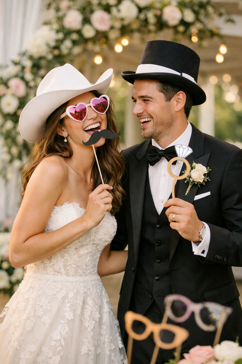 A couple holding fun props like heart-shaped sunglasses, a fake mustache, and a toy ring while laughing together