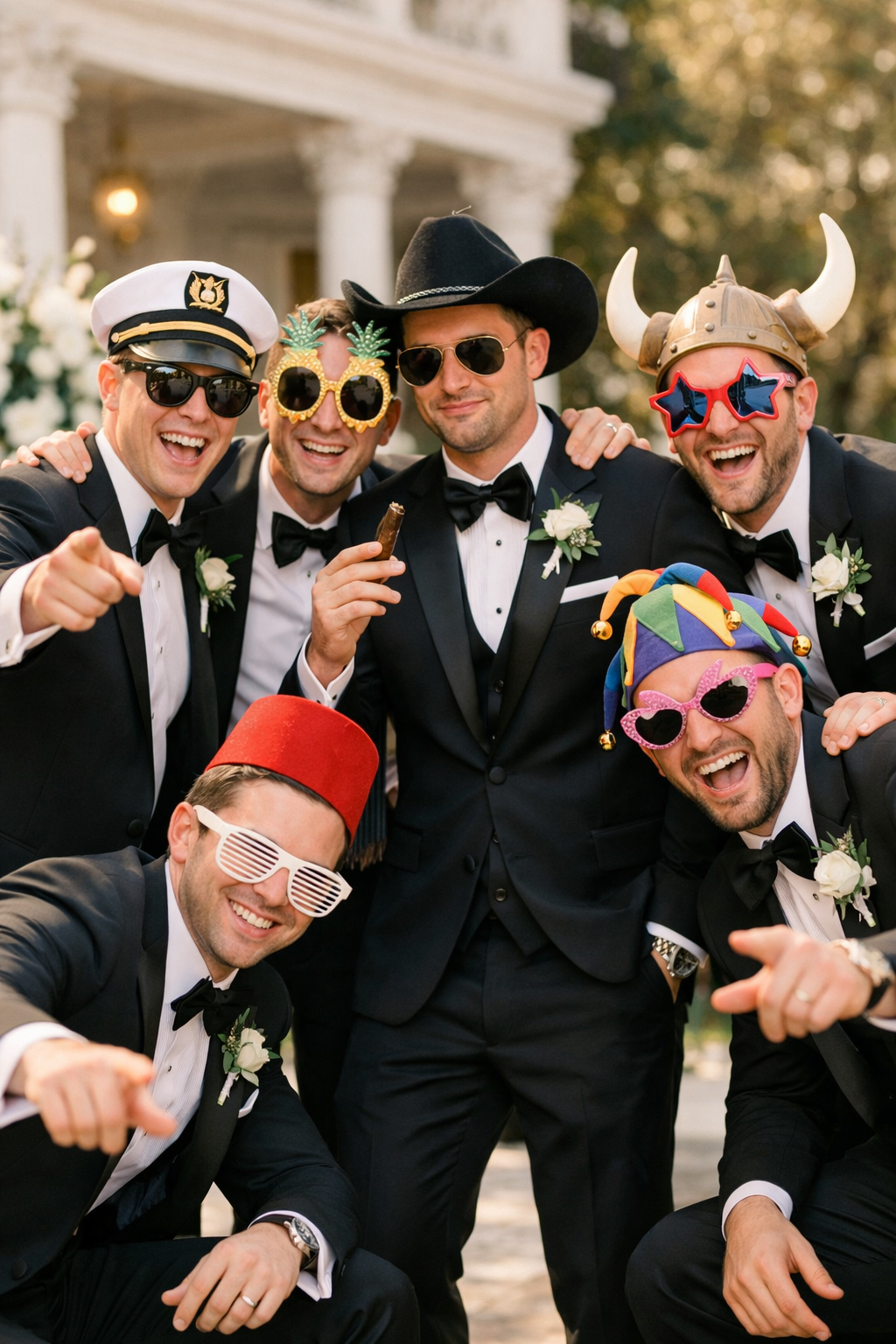 Group of groomsmen having fun with various props and accessories, showcasing a joyful atmosphere.