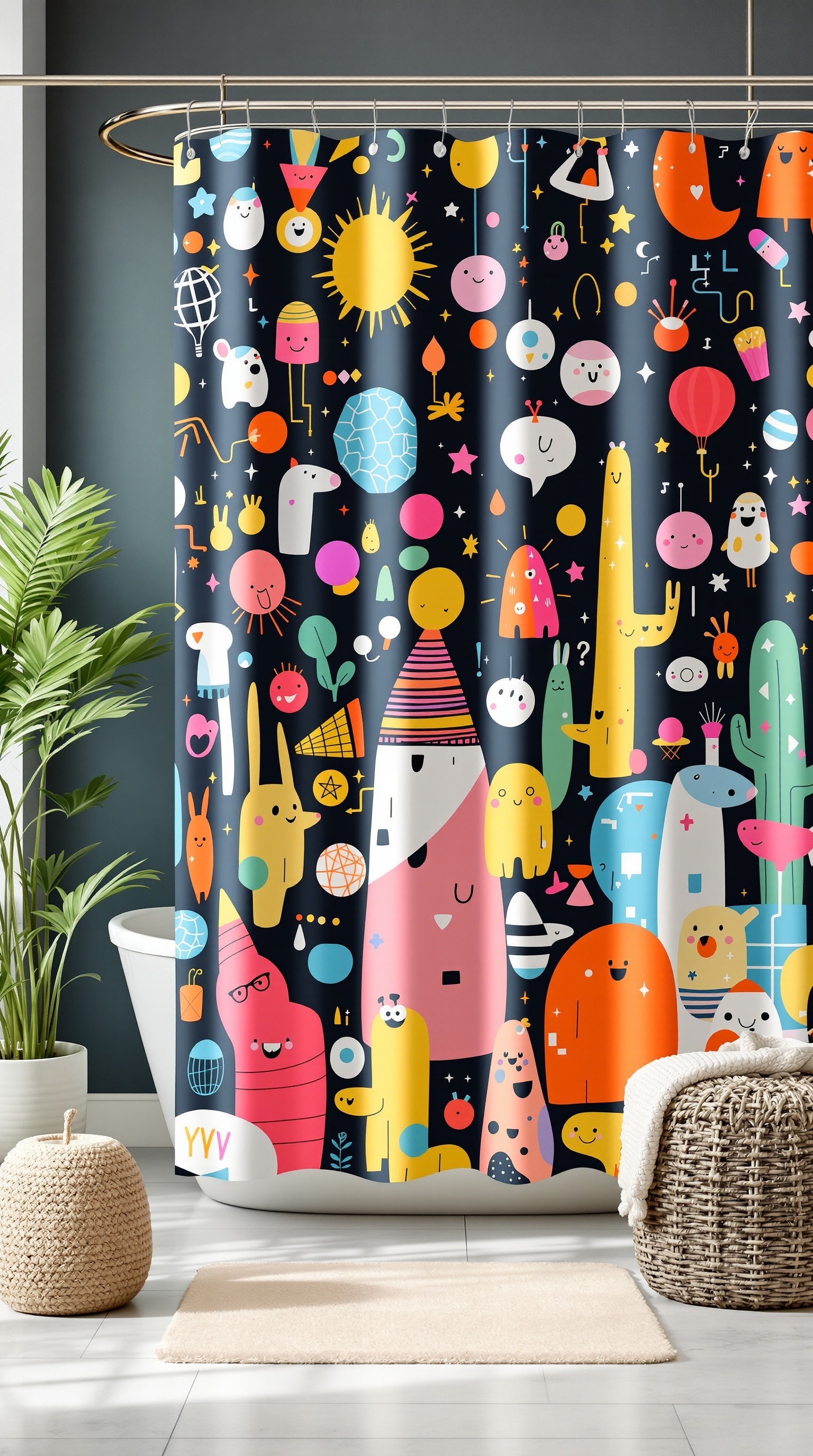 Colorful shower curtain with playful patterns and characters in a kids' bathroom