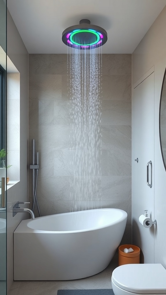 A modern bathroom featuring a colorful showerhead with lights, a sleek bathtub, and a minimalist design.