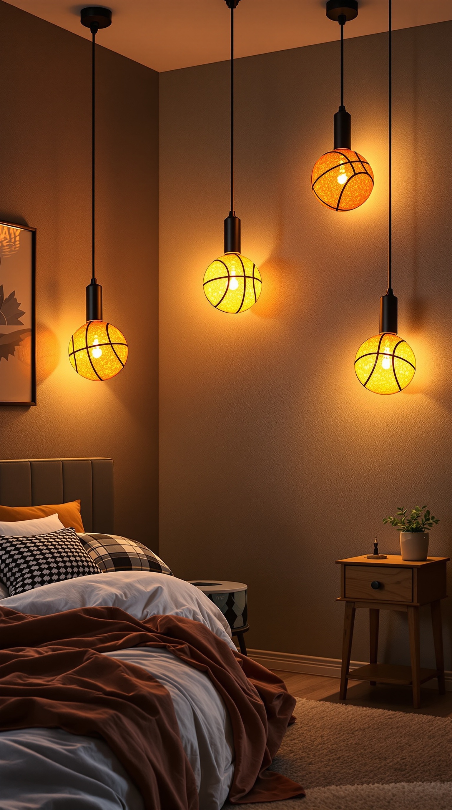 Basketball-shaped pendant lights in a kids' sports-themed bedroom