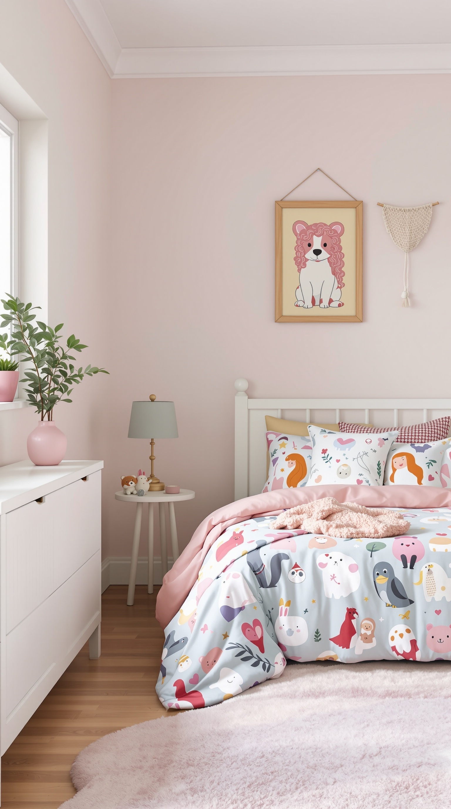 A toddler's bedroom featuring a cute animal-themed bedding set with soft colors and playful designs.