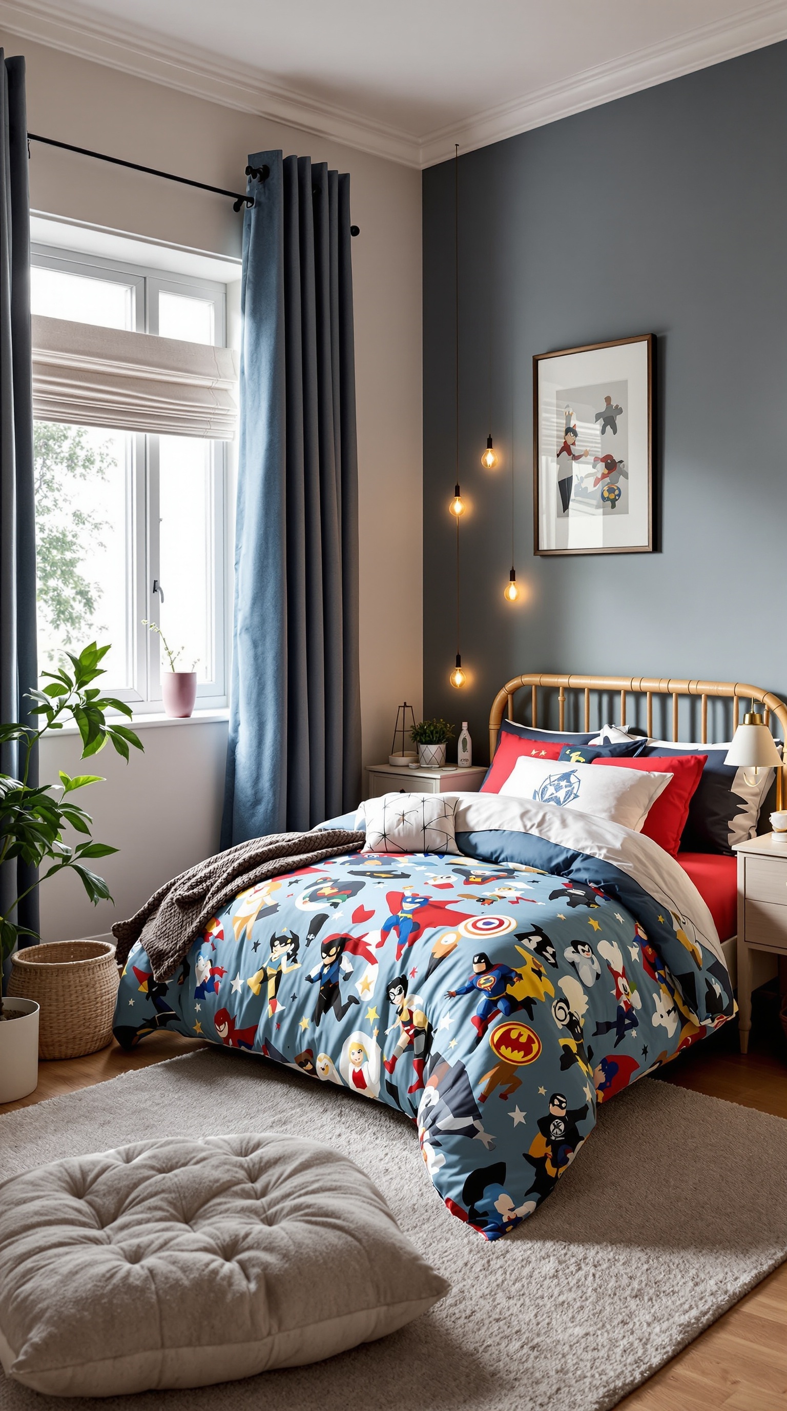 A cozy kids bedroom with superhero themed bedding, featuring colorful designs and a warm atmosphere.