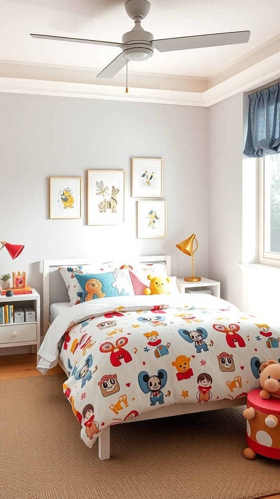 A colorful pre-teen bedroom with themed bedding featuring playful characters.