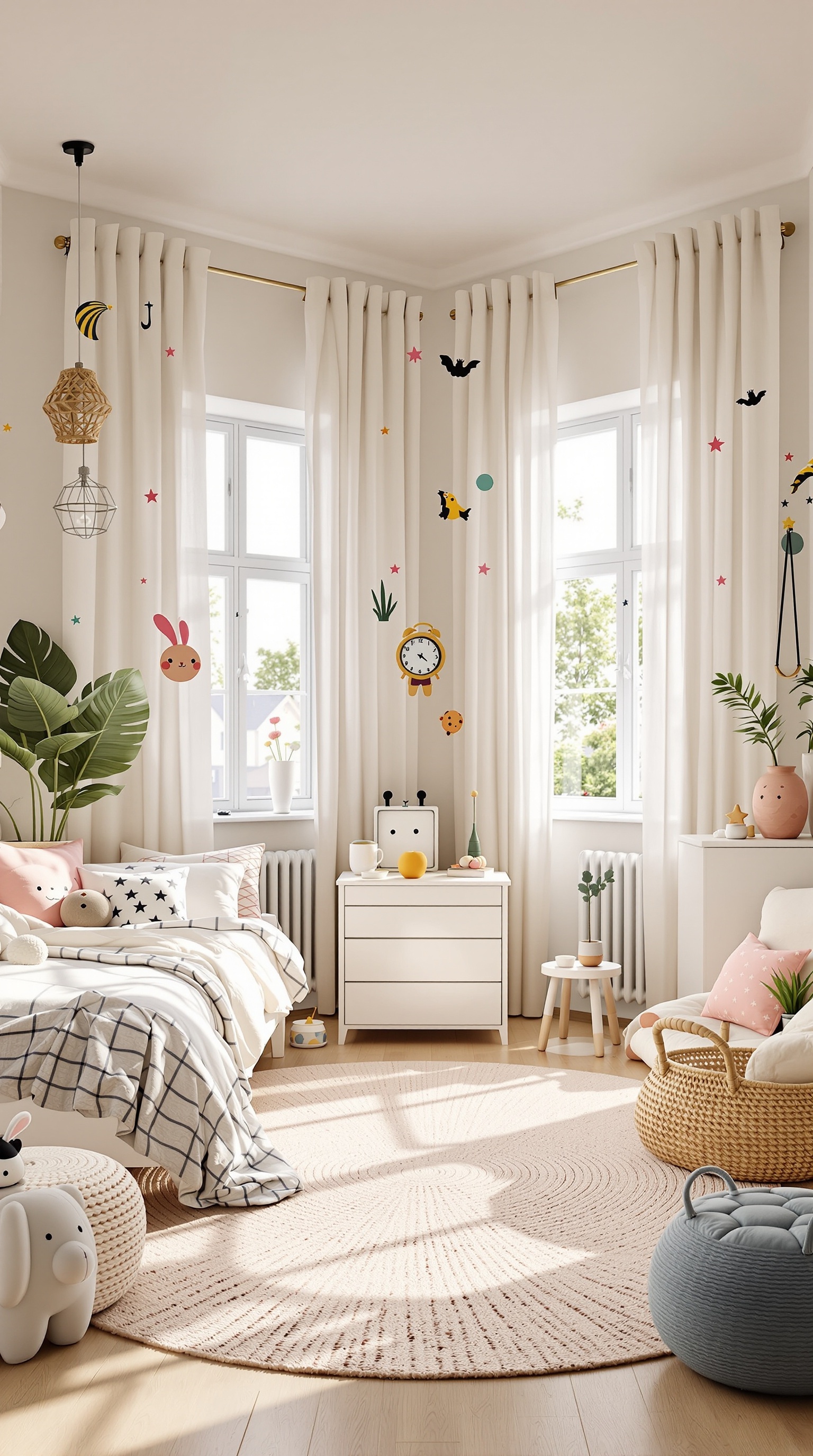 A bright and cheerful kids' room with playful decor, including animal stickers, cozy bedding, and leafy plants.