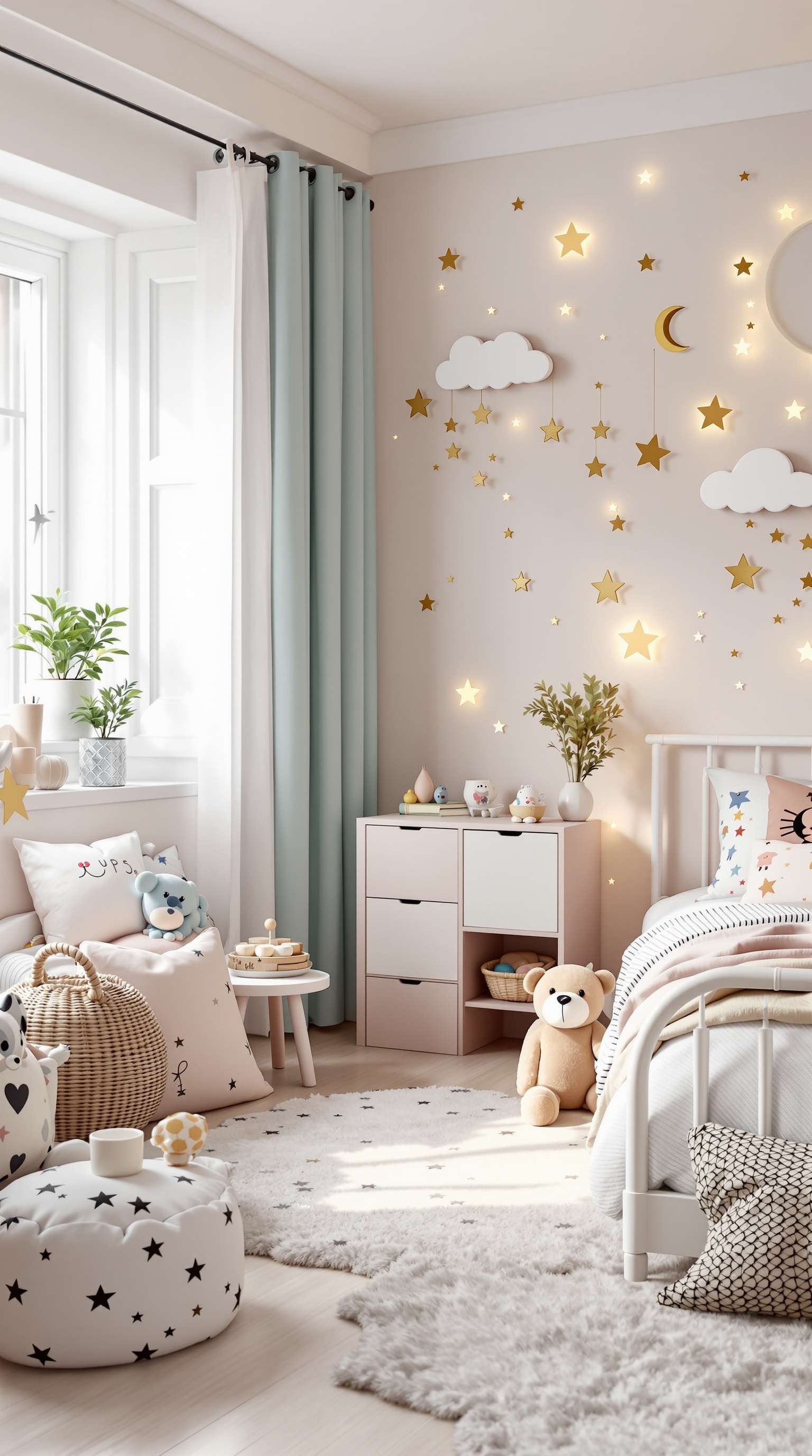 A cozy shared bedroom for a boy and girl with cloud and star decor.
