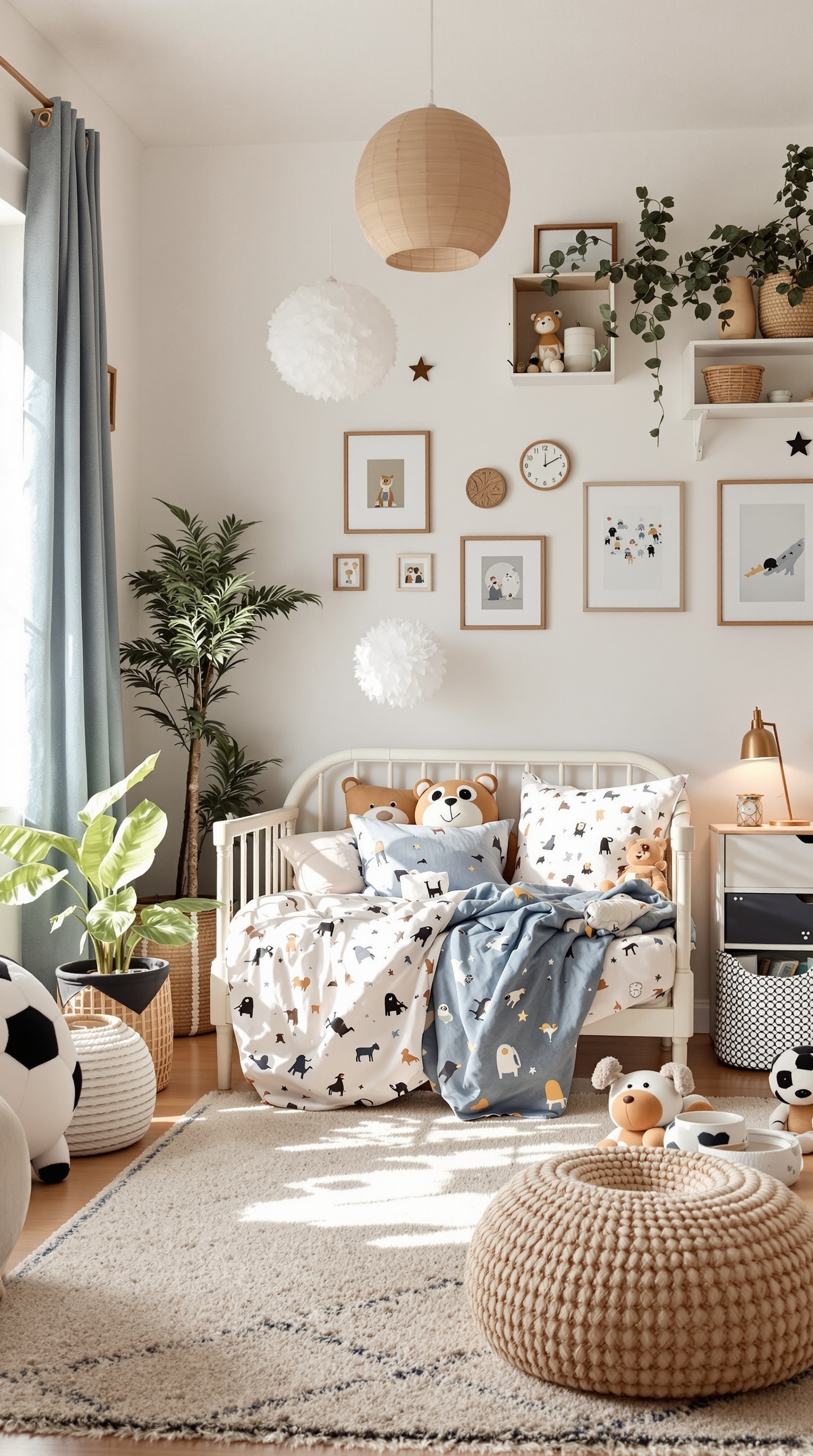 A cozy toddler room with animal-themed decor, soft bedding, playful wall art, and warm lighting.