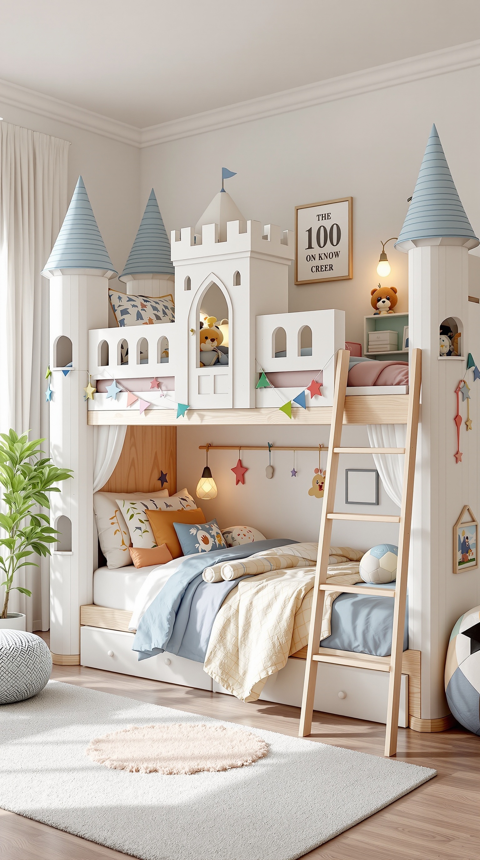 A castle-themed kids bunk bed with turrets and colorful decorations, featuring a cozy lower sleeping area.