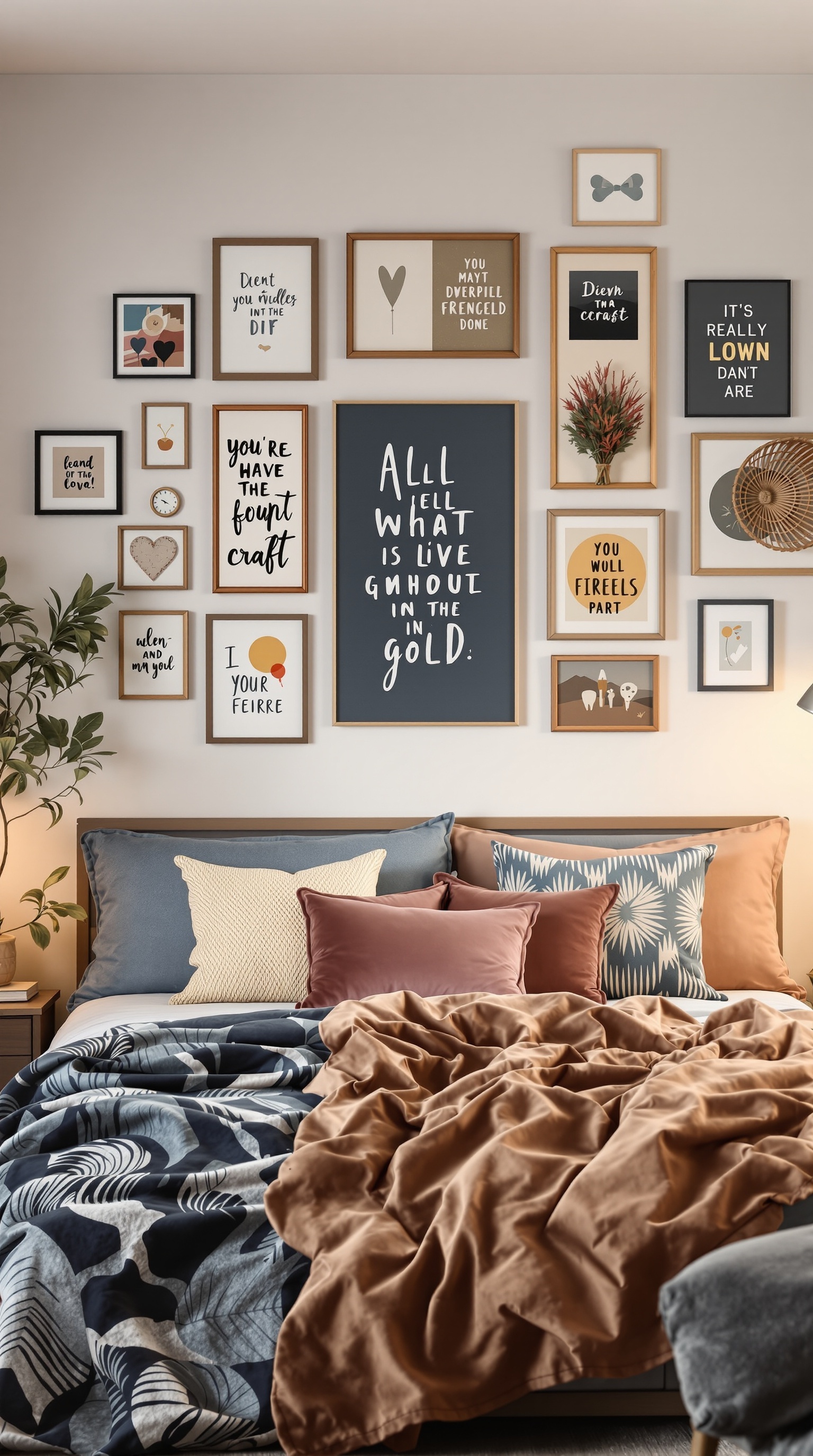 A colorful wall art display in a shared bedroom featuring various framed pieces with inspirational quotes and playful designs.