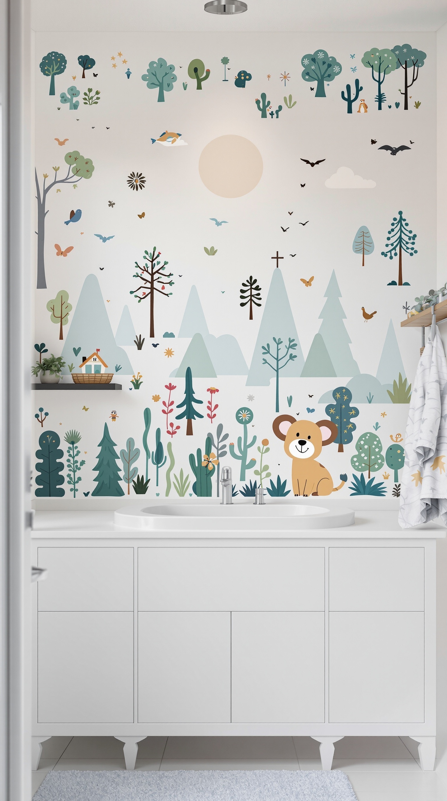 A bathroom wall decorated with colorful nature-themed decals, featuring trees, mountains, and a cute bear.