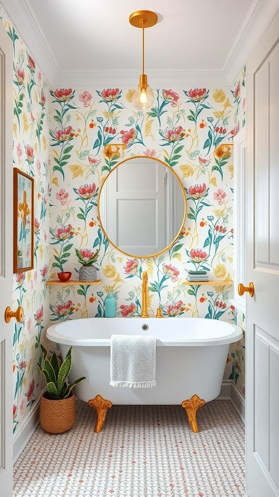 Colorful floral wallpaper in a bathroom with a white bathtub and gold fixtures.