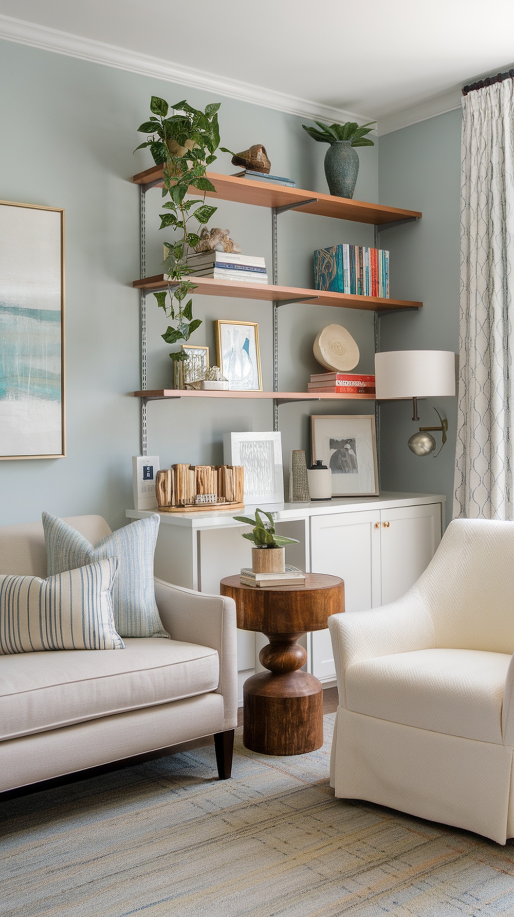 A cozy therapist office with open shelving, decorative items, and comfortable seating.