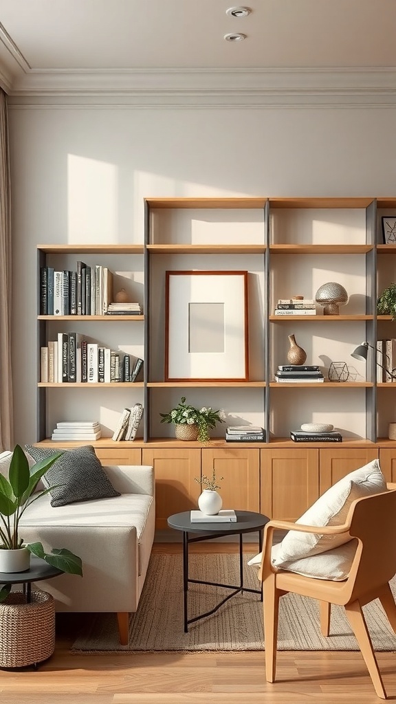 A cozy room featuring functional and decorative shelving with books, plants, and decorative items.