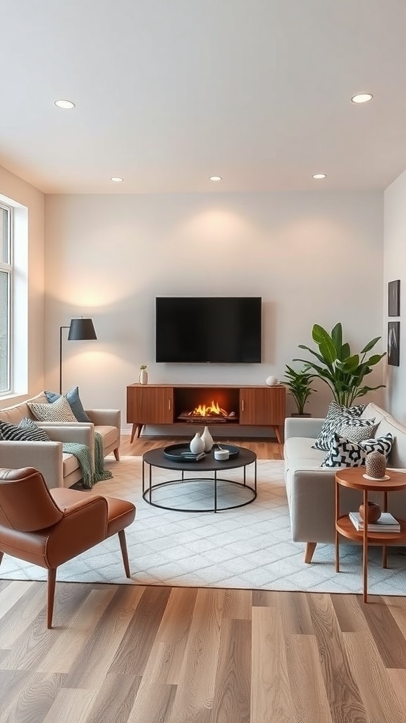 A cozy Scandinavian living room featuring functional and minimalist furniture with a warm color palette.