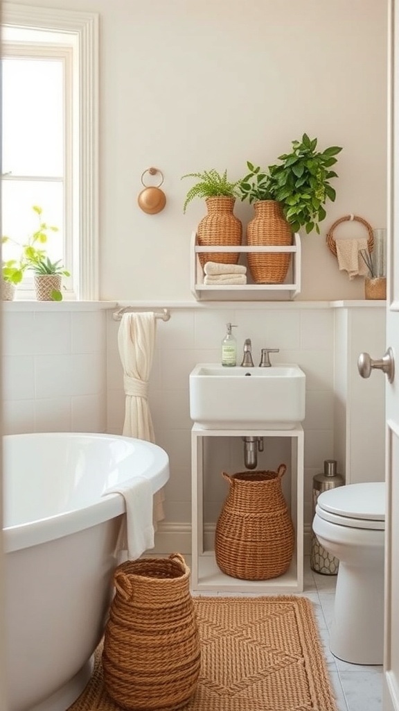 A cozy bathroom featuring woven baskets for storage, plants, and a clean aesthetic.