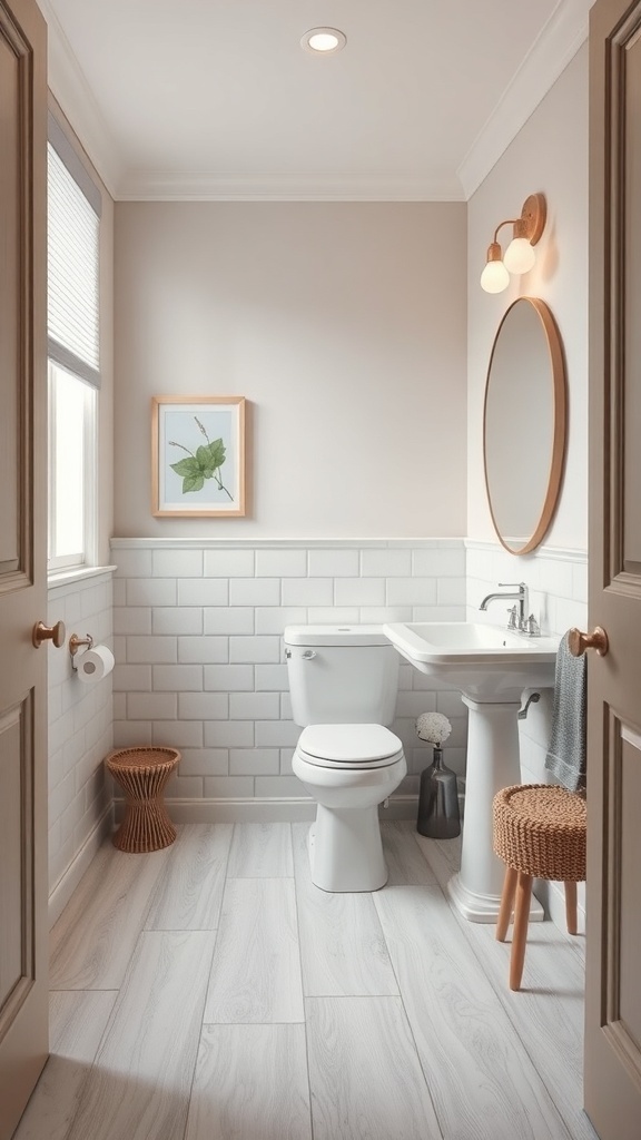 A small powder room featuring light wood-like flooring, white subway tiles, and modern fixtures.