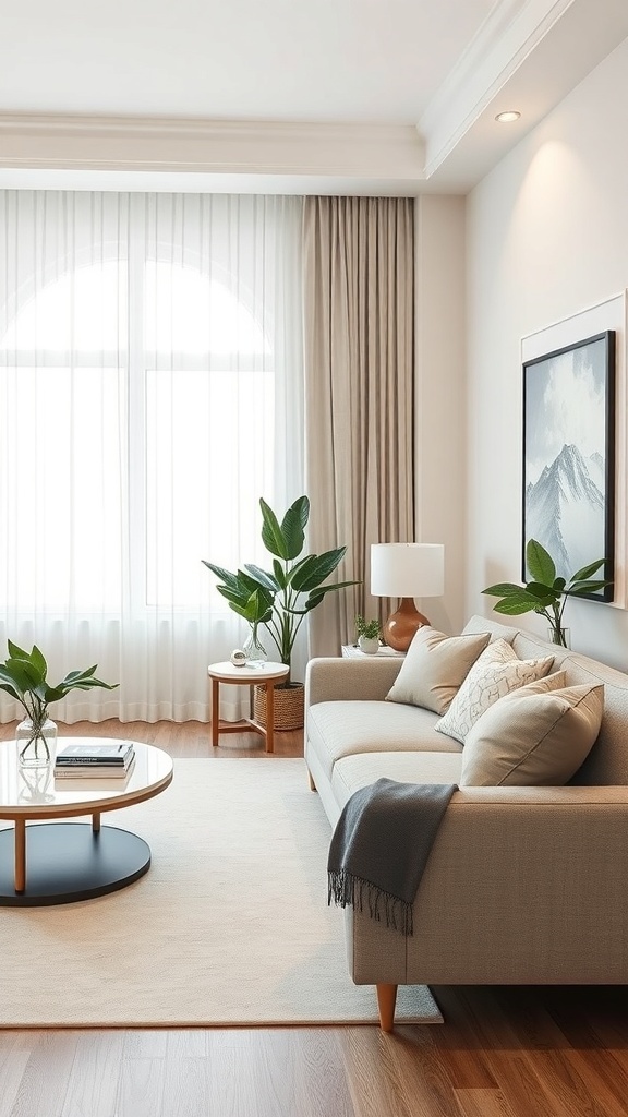 A cozy living room with a light-colored sofa, coffee table, and plants, showcasing a stylish and functional design.