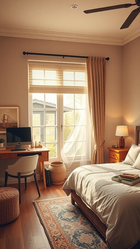 A cozy bedroom with a bed, desk, and warm lighting