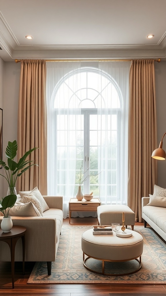 A cozy living room with double curtain rods featuring sheer white curtains and beige drapes, enhancing the space's style and functionality.