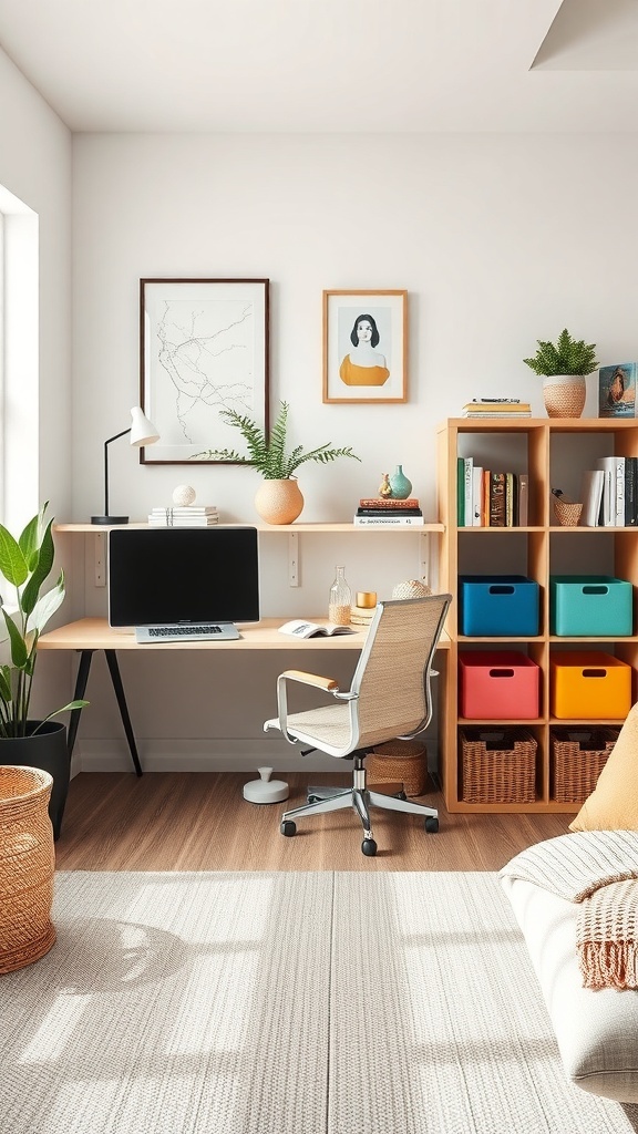 A stylish home office with a desk, colorful storage boxes, and plants.