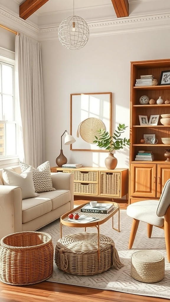 A cozy living room featuring stylish storage solutions, including woven baskets and an open shelving unit.