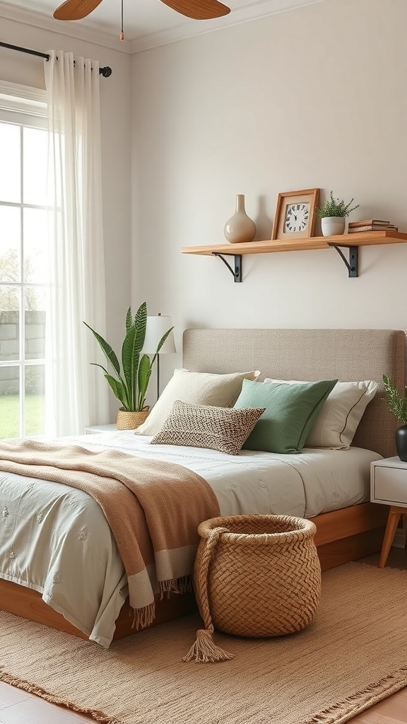 A cozy earthy bedroom featuring a bed with soft pillows, a woven basket, and a wooden shelf with decorative items.