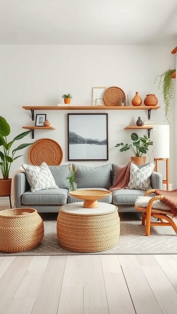 A cozy boho living room featuring a gray sofa, woven storage baskets, and decorative shelves.