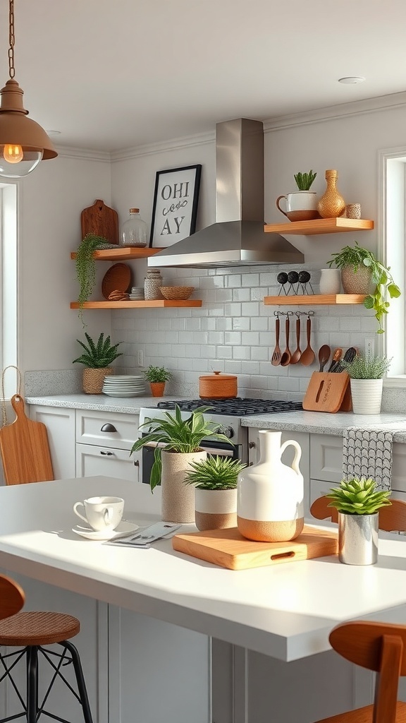 A bright and stylish kitchen featuring open shelves, plants, and wooden accents.