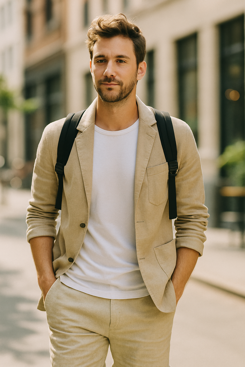 A stylish man in a beige blazer and white tee wearing a functional backpack on a city street.