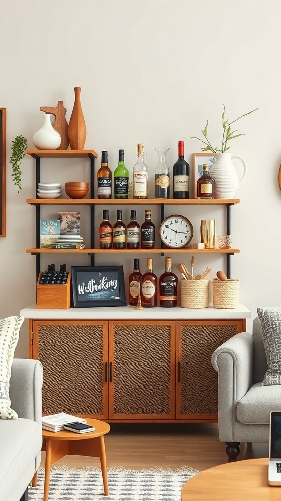Stylish home bar setup with various bottles, decorative items, and functional accessories.